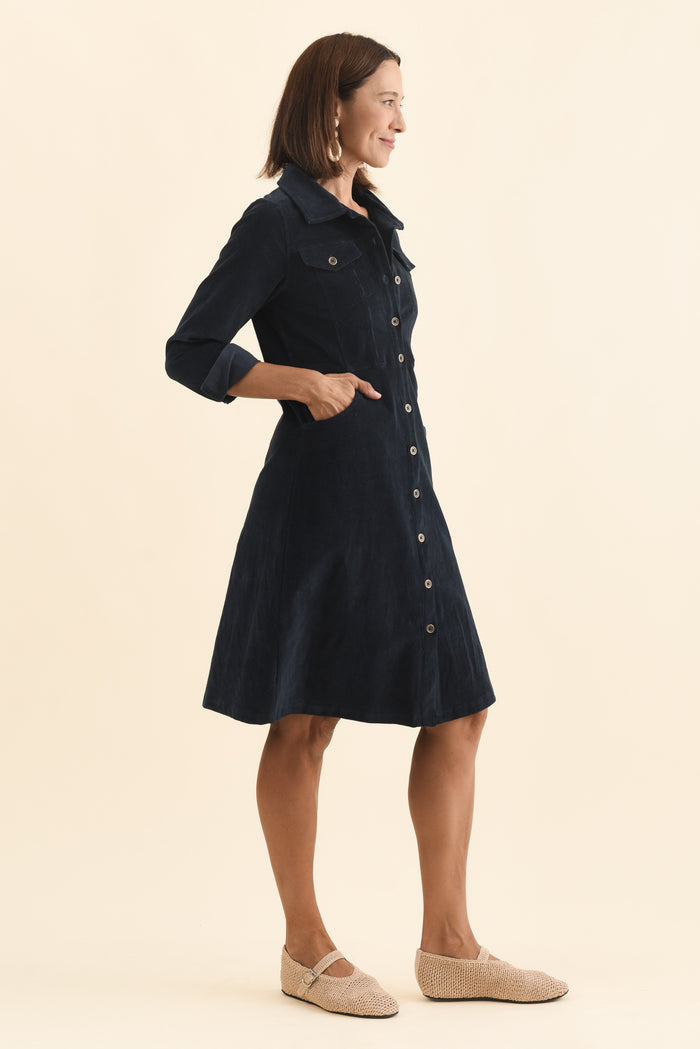 Bronwyn Navy Corduroy Button Dress,Brunette model,alt text|model:Cara