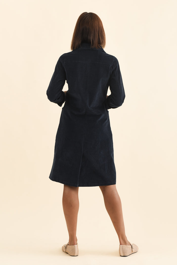 Bronwyn Navy Corduroy Button Dress,Brunette model,alt text|model:Cara