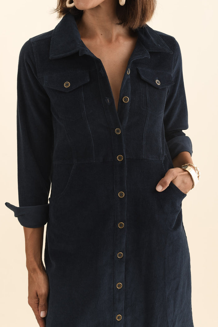 Bronwyn Navy Corduroy Button Dress,Brunette model,alt text|model:Cara