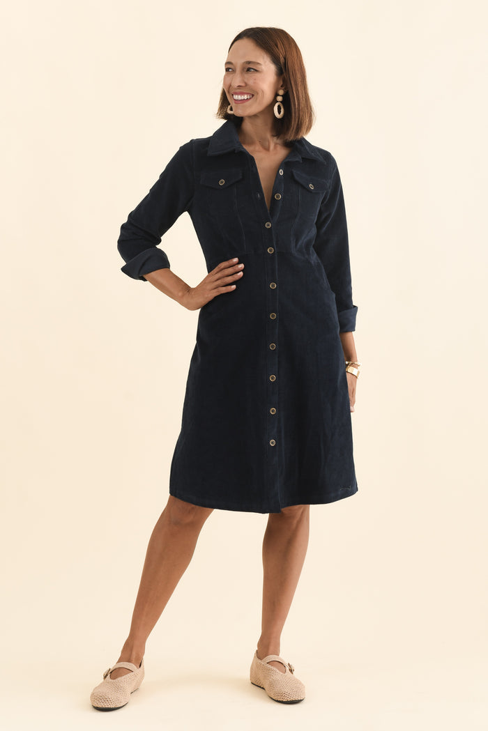 Bronwyn Navy Corduroy Button Dress,Brunette model,alt text|model:Cara