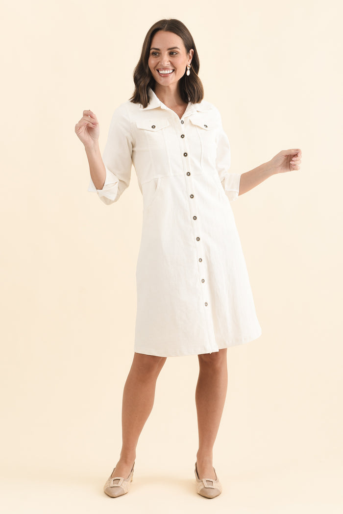 Bronwyn White Corduroy Button Dress,Brunette model,alt text|model:MJ