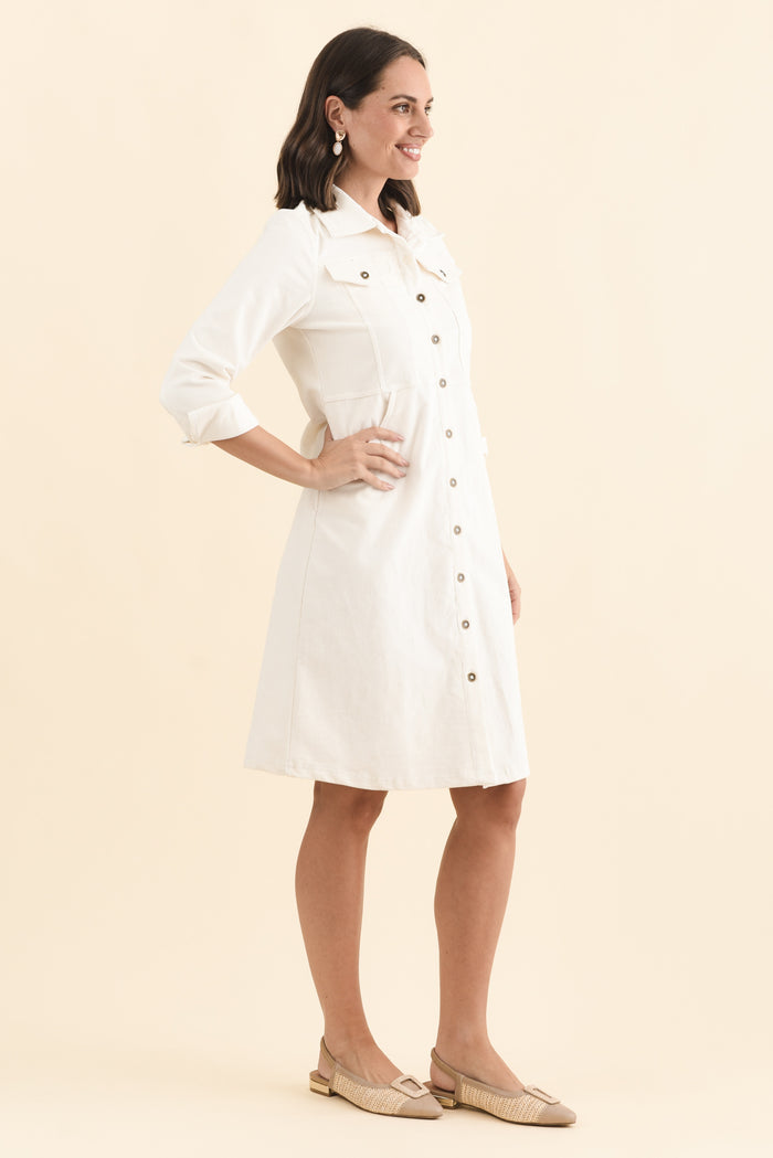 Bronwyn White Corduroy Button Dress,Brunette model,alt text|model:MJ