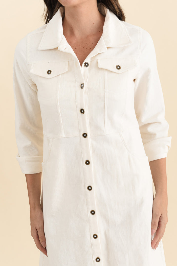 Bronwyn White Corduroy Button Dress,Brunette model,alt text|model:MJ