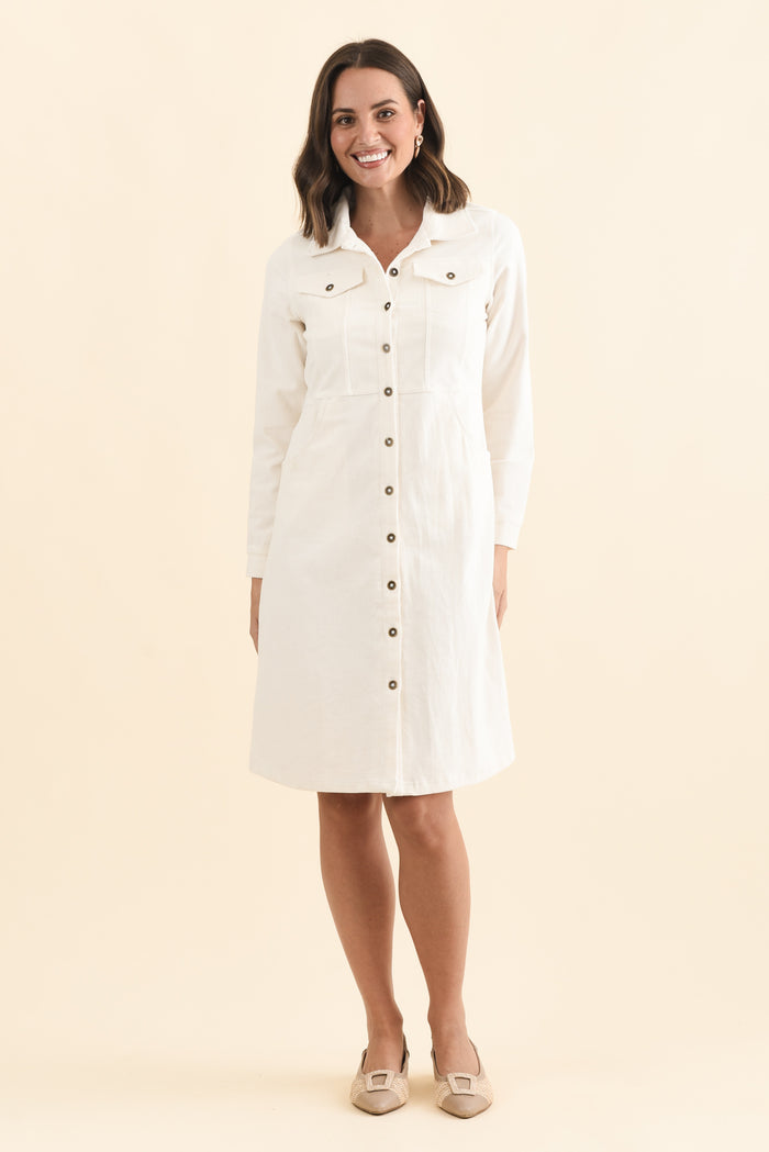 Bronwyn White Corduroy Button Dress,Brunette model,alt text|model:MJ