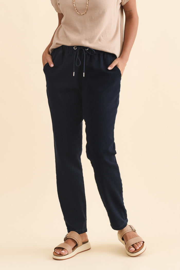 Brooks Dark Blue Cotton Blend Jogger Pants,Brunette model,alt text|model:Brontie