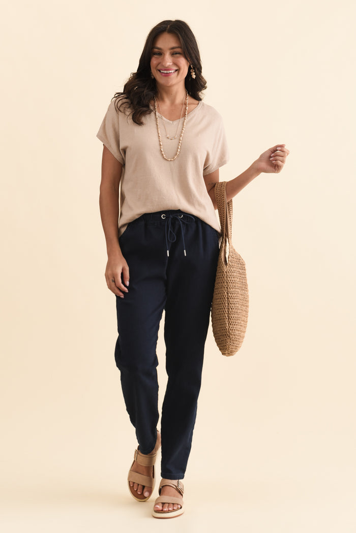 Brooks Dark Blue Cotton Blend Jogger Pants,Brunette model,alt text|model:Brontie