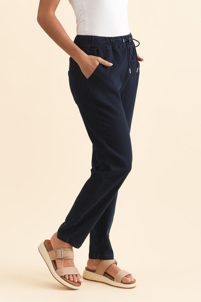 Brooks Dark Blue Cotton Blend Jogger Pants,Brunette model,alt text|model:Brontie