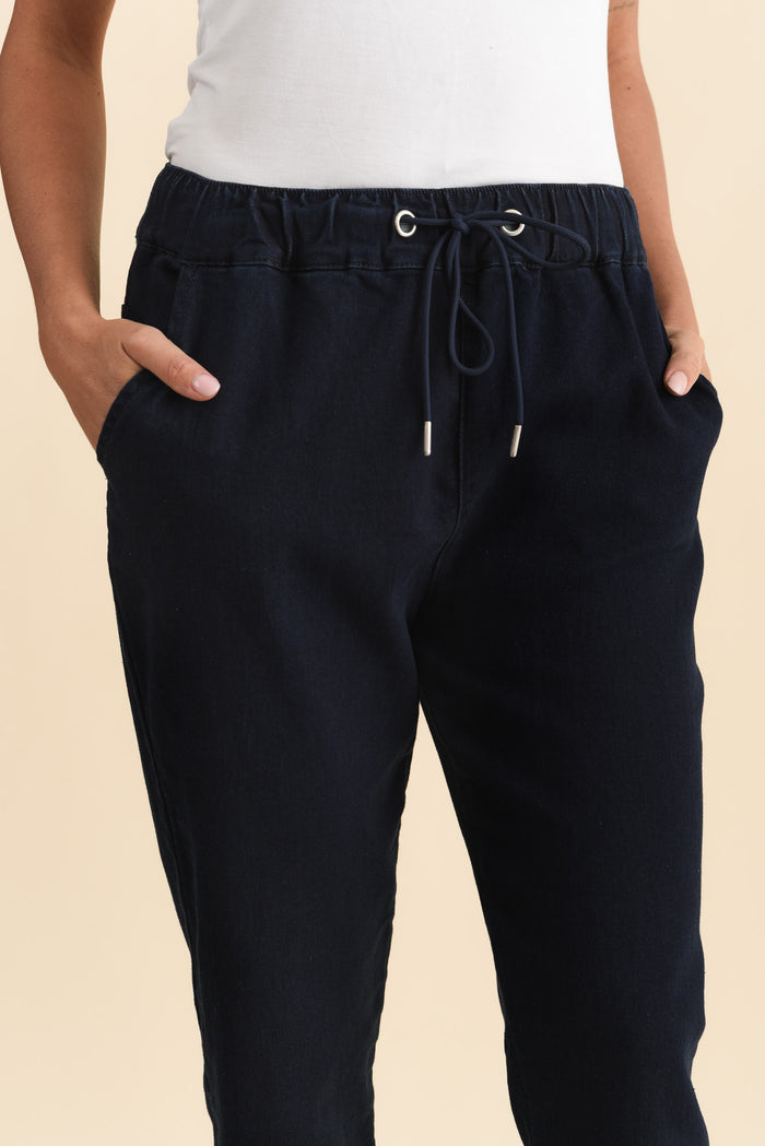 Brooks Dark Blue Cotton Blend Jogger Pants,Brunette model,alt text|model:Brontie