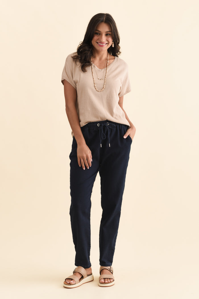 Brooks Dark Blue Cotton Blend Jogger Pants,Brunette model,alt text|model:Brontie