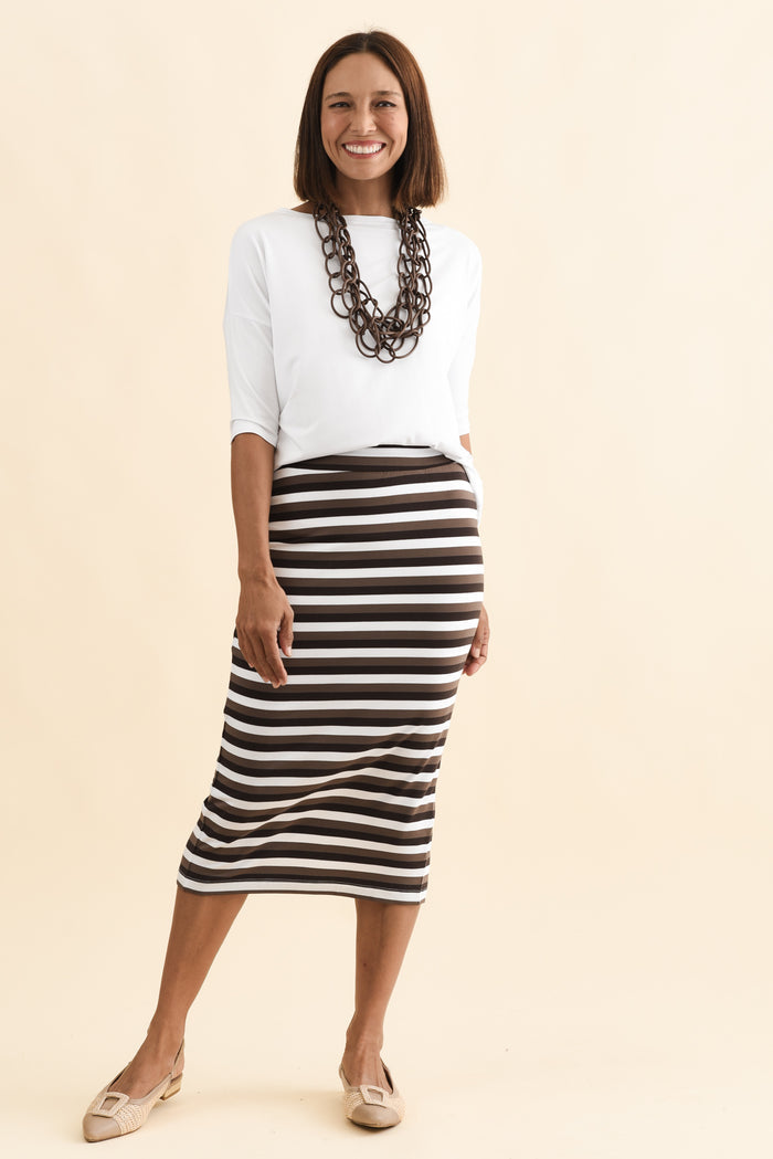 Brown Stripe Bamboo Maxi Tube Skirt,Brunette model,alt text|model:Cara