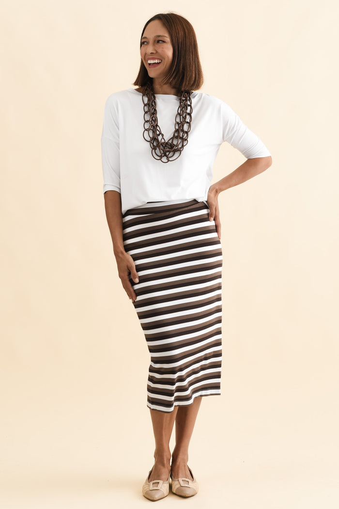 Brown Stripe Bamboo Maxi Tube Skirt,Brunette model,alt text|model:Cara