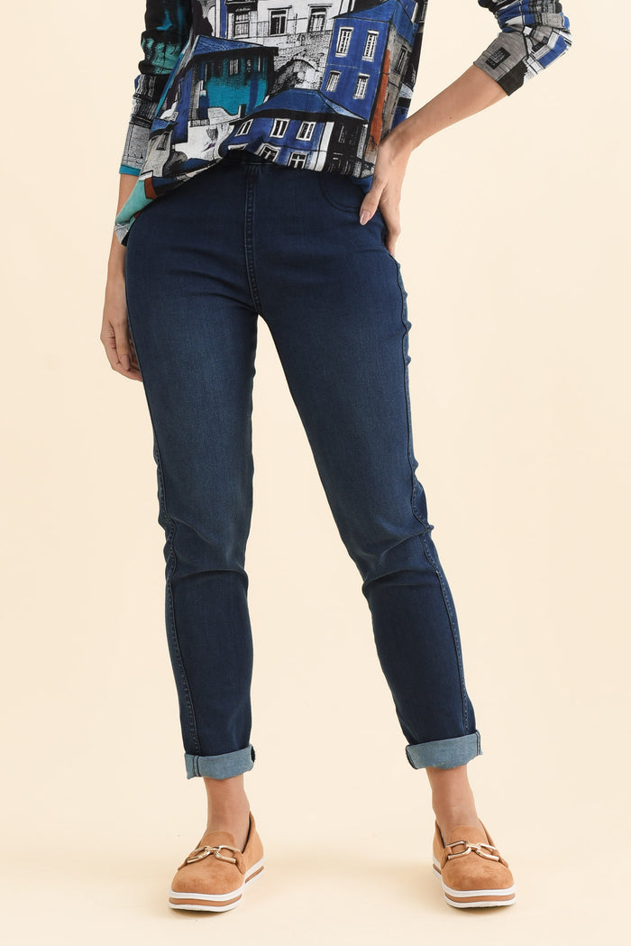 Brussel Blue Denim Stretch Jeans,Brunette model,alt text|model:MJ