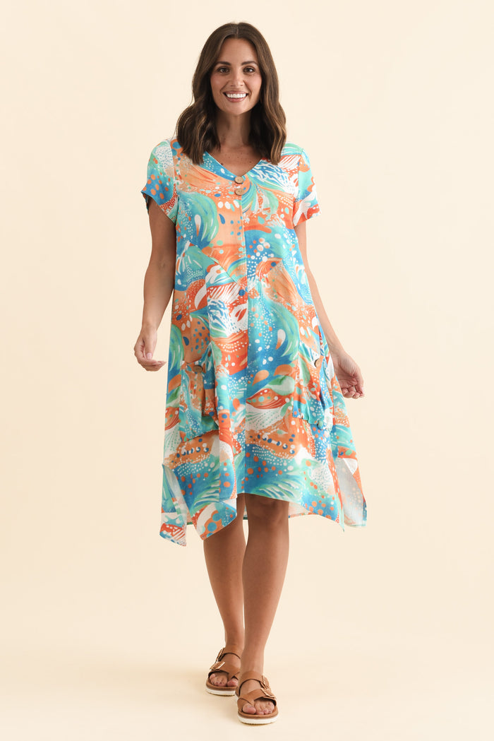 Bryant Orange Swirl Linen Cotton Dress,Brunette model,alt text|model:MJ