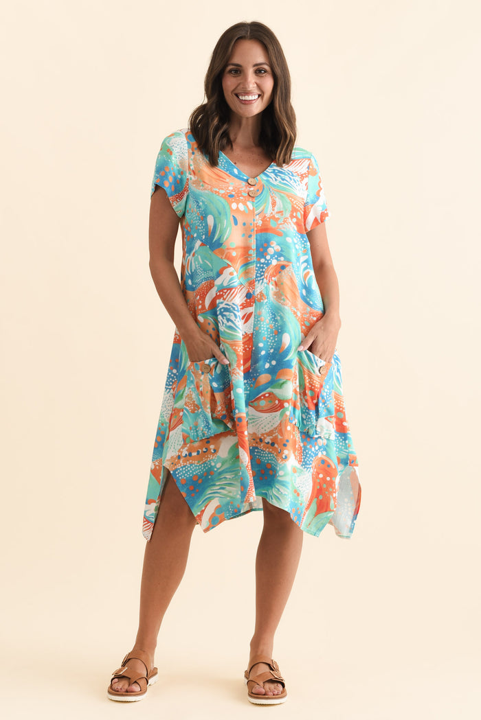 Bryant Orange Swirl Linen Cotton Dress,Brunette model,alt text|model:MJ