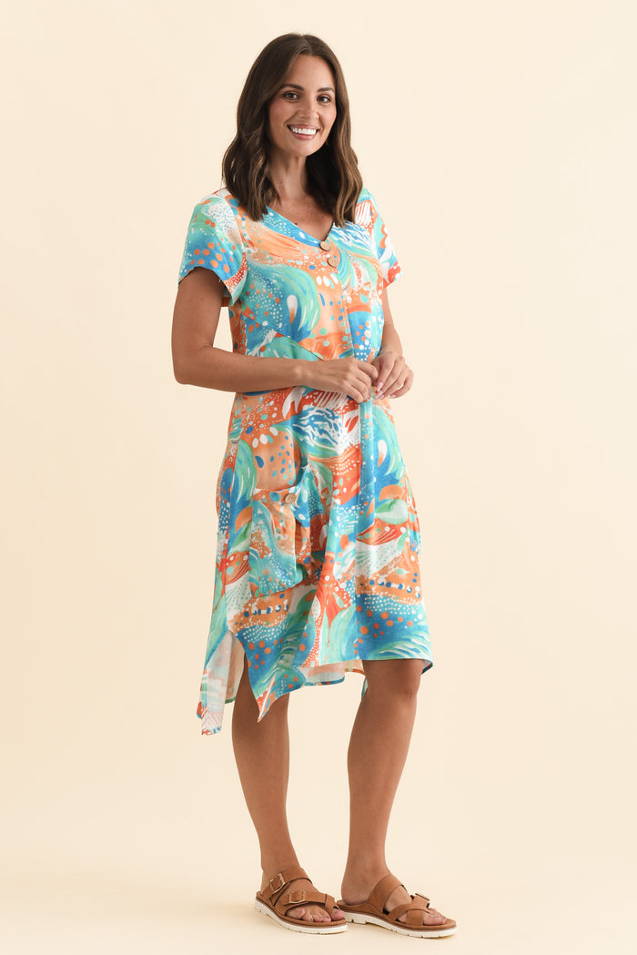 Bryant Orange Swirl Linen Cotton Dress,Brunette model,alt text|model:MJ