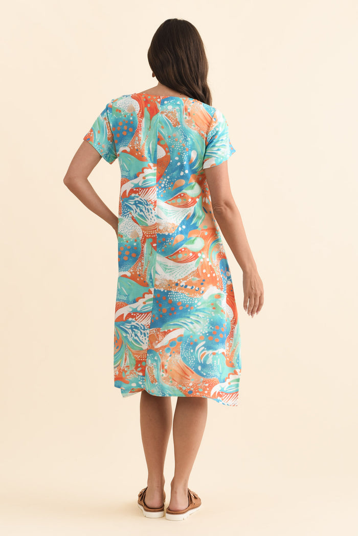 Bryant Orange Swirl Linen Cotton Dress,Brunette model,alt text|model:MJ