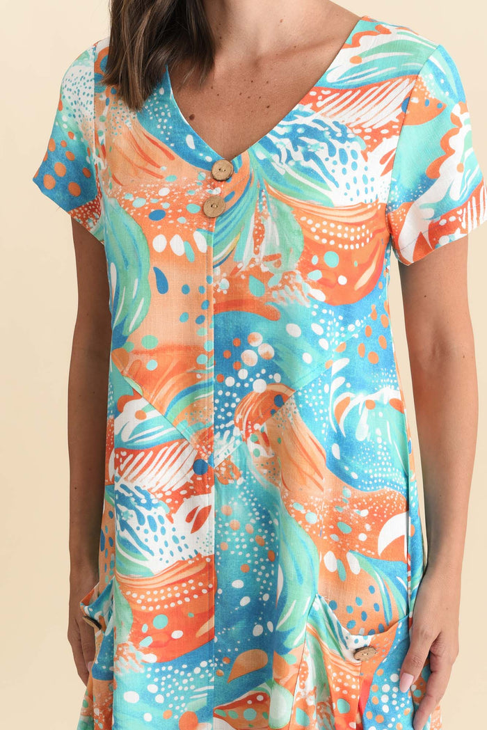 Bryant Orange Swirl Linen Cotton Dress,Brunette model,alt text|model:MJ