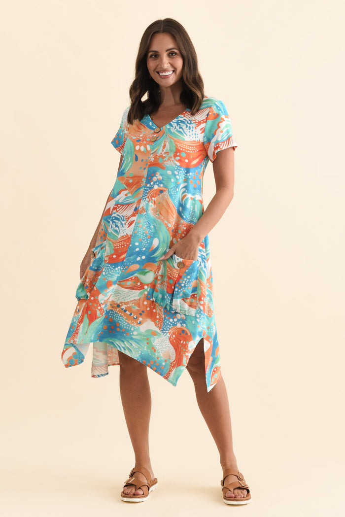 Bryant Orange Swirl Linen Cotton Dress,Brunette model,alt text|model:MJ
