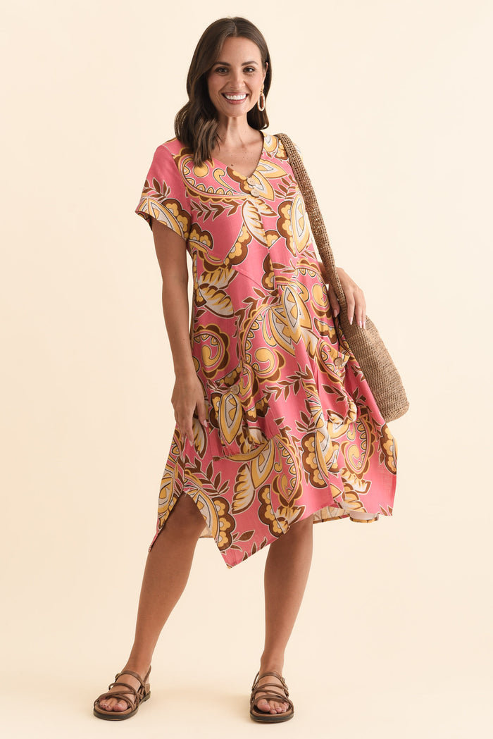 Bryant Yellow Leaf Linen Cotton Dress,Brunette model,alt text|model:MJ