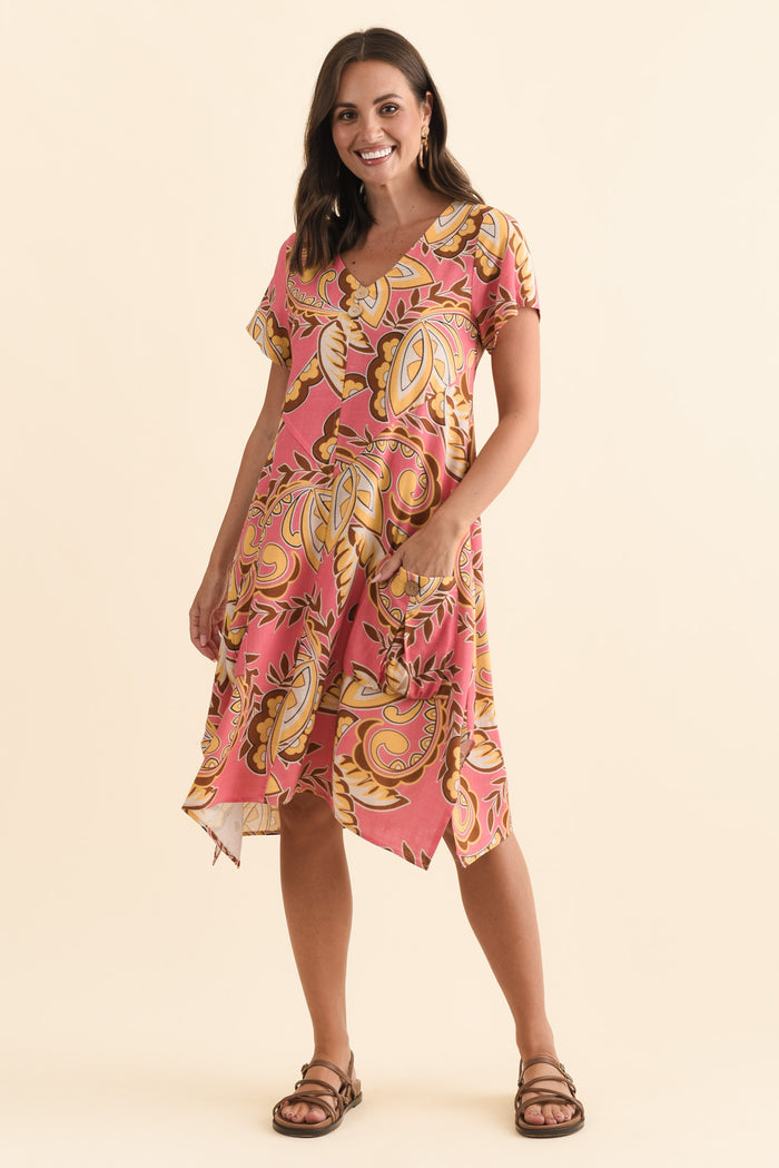 Bryant Yellow Leaf Linen Cotton Dress,Brunette model,alt text|model:MJ