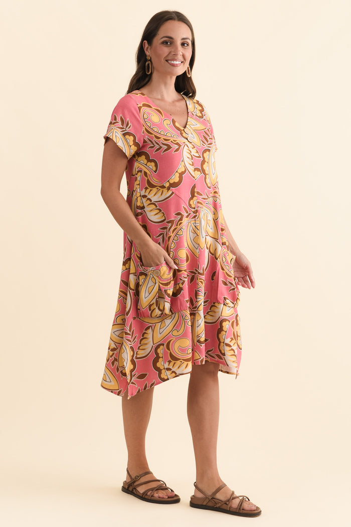 Bryant Yellow Leaf Linen Cotton Dress,Brunette model,alt text|model:MJ