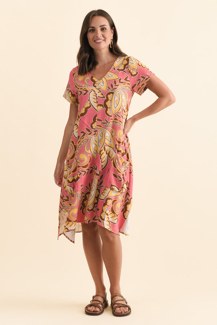 Bryant Yellow Leaf Linen Cotton Dress,Brunette model,alt text|model:MJ
