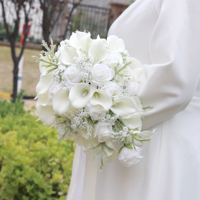Bulk 10" White Rose And Calla Lily Cascading Bridal Bouquet With Babys Breath Wholesale