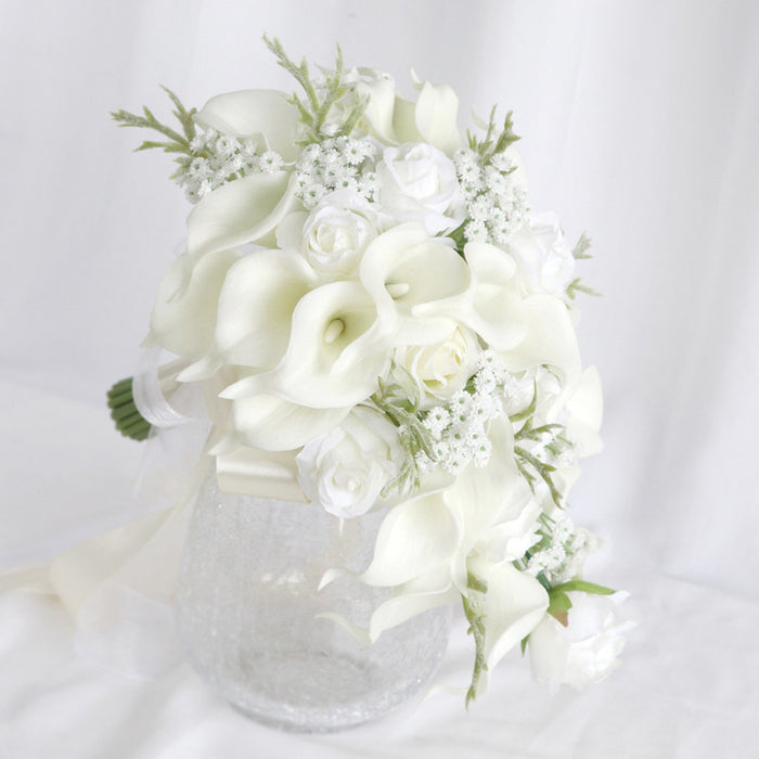 Bulk 10" White Rose And Calla Lily Cascading Bridal Bouquet With Babys Breath Wholesale