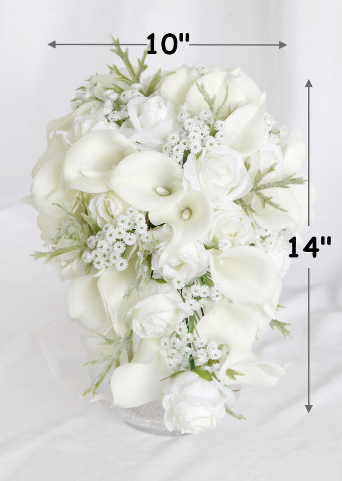 Bulk 10" White Rose And Calla Lily Cascading Bridal Bouquet With Babys Breath Wholesale