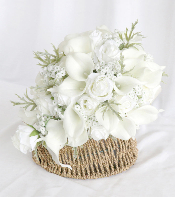 Bulk 10" White Rose And Calla Lily Cascading Bridal Bouquet With Babys Breath Wholesale