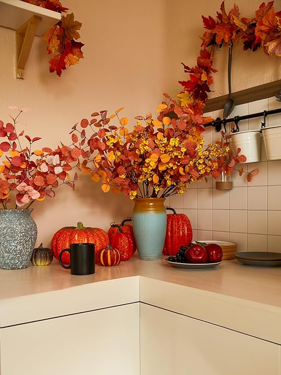 Bulk 21" Autumn Decor Artificial Eucalyptus Stems and Fake Babys Breath Flower Fall Decorations