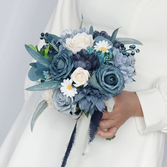 Bulk 7" Dusty Blue Bouquet Round Navy Bouquet for Wedding Wholesale