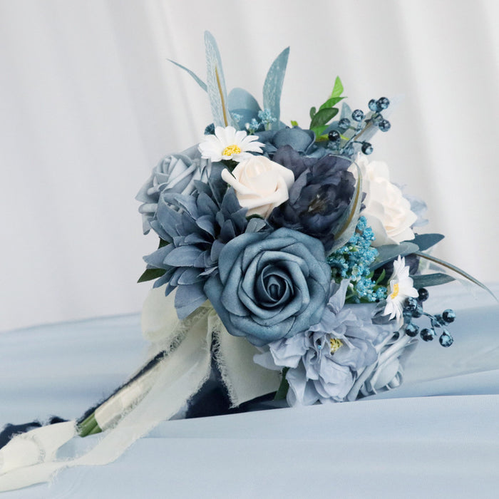 Bulk 7" Dusty Blue Bouquet Round Navy Bouquet for Wedding Wholesale