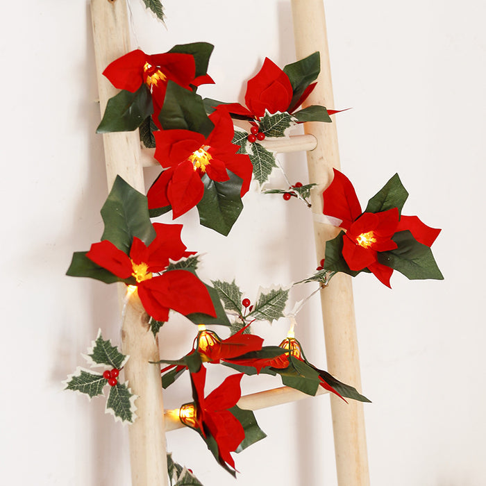 Bulk 9.8FT Pre-lit Christmas Poinsettias Led Garland String Lights Artificial Flowers Runner Wholesale