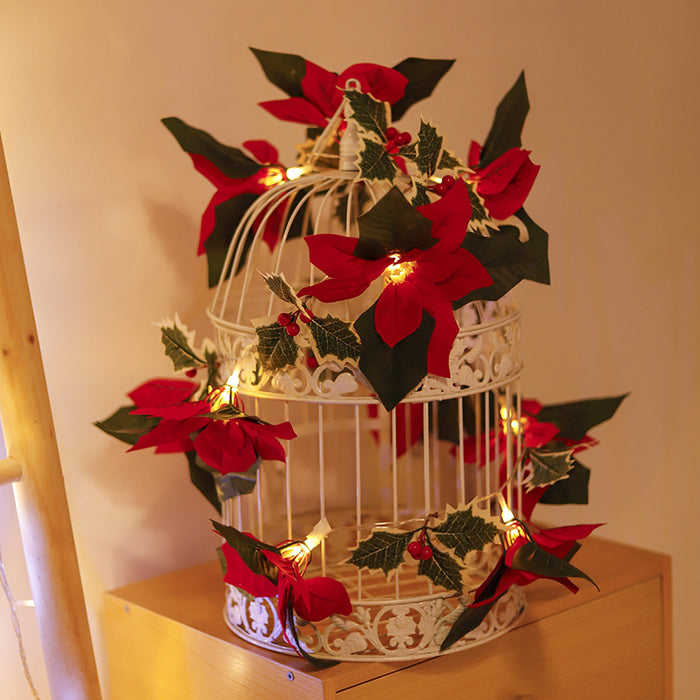 Bulk 9.8FT Pre-lit Christmas Poinsettias Led Garland String Lights Artificial Flowers Runner Wholesale