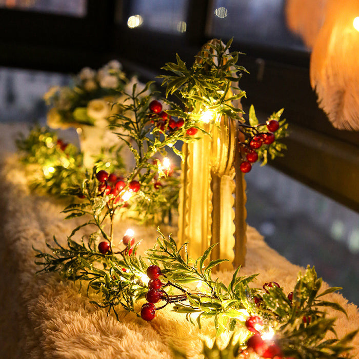 Bulk 9.8FT Pre-lit Christmas Snow Led Lights String Garland with Berries and Leaves Wholesale