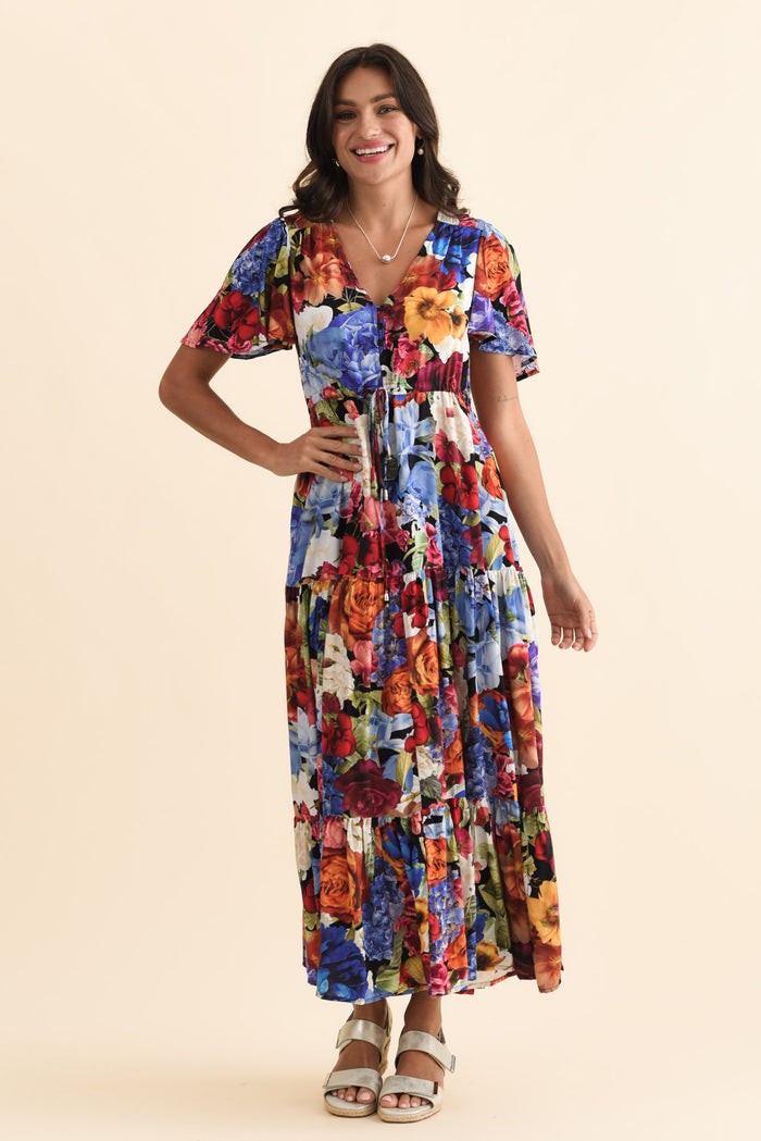Butler Orange Garden Tie Maxi Dress,Brunette model,alt text|model:Brontie