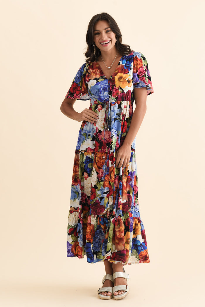 Butler Orange Garden Tie Maxi Dress,Brunette model,alt text|model:Brontie