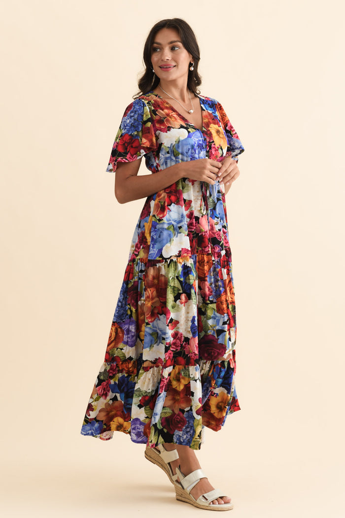 Butler Orange Garden Tie Maxi Dress,Brunette model,alt text|model:Brontie