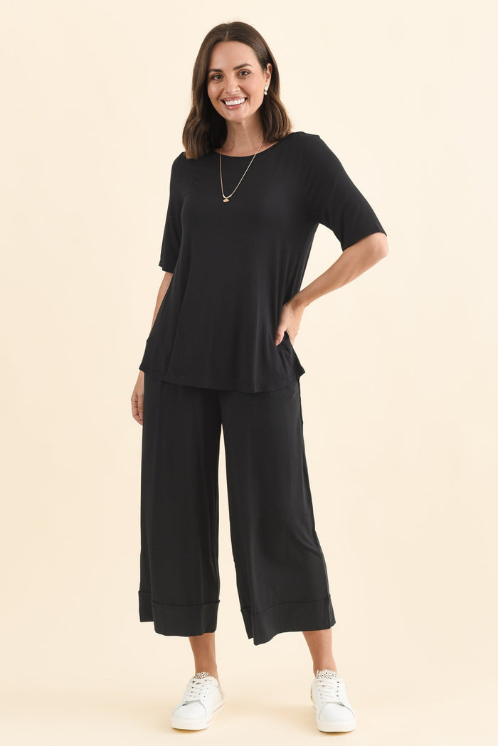 Buttery Black Half Sleeve Top,Brunette model,alt text|model:MJ