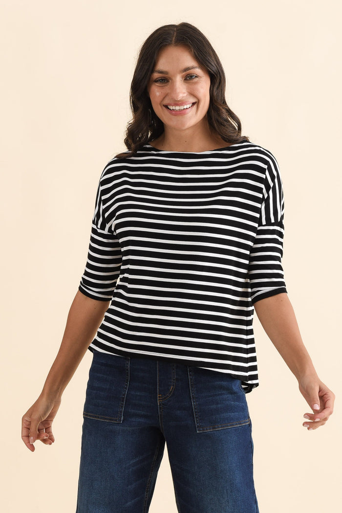 Camila Black Stripe Bamboo Top,Brunette model,alt text|model:Brontie