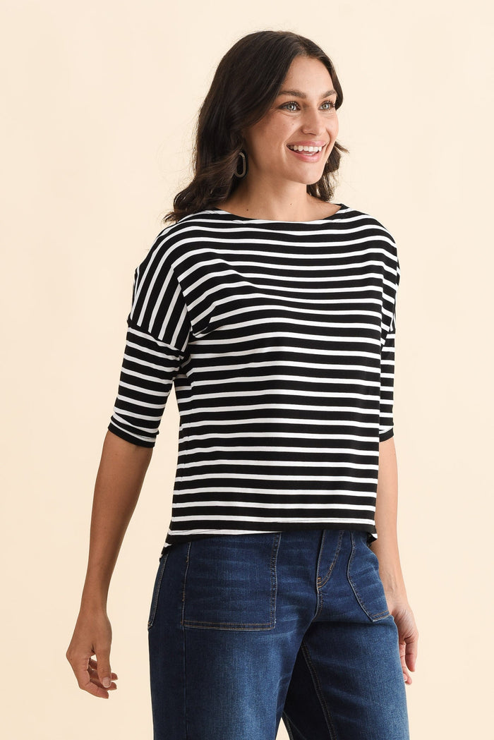 Camila Black Stripe Bamboo Top,Brunette model,alt text|model:Brontie