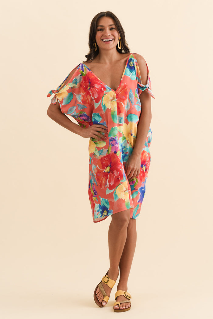 Candice Coral Bloom Cold Shoulder Kaftan,Brunette model,alt text|model:Brontie