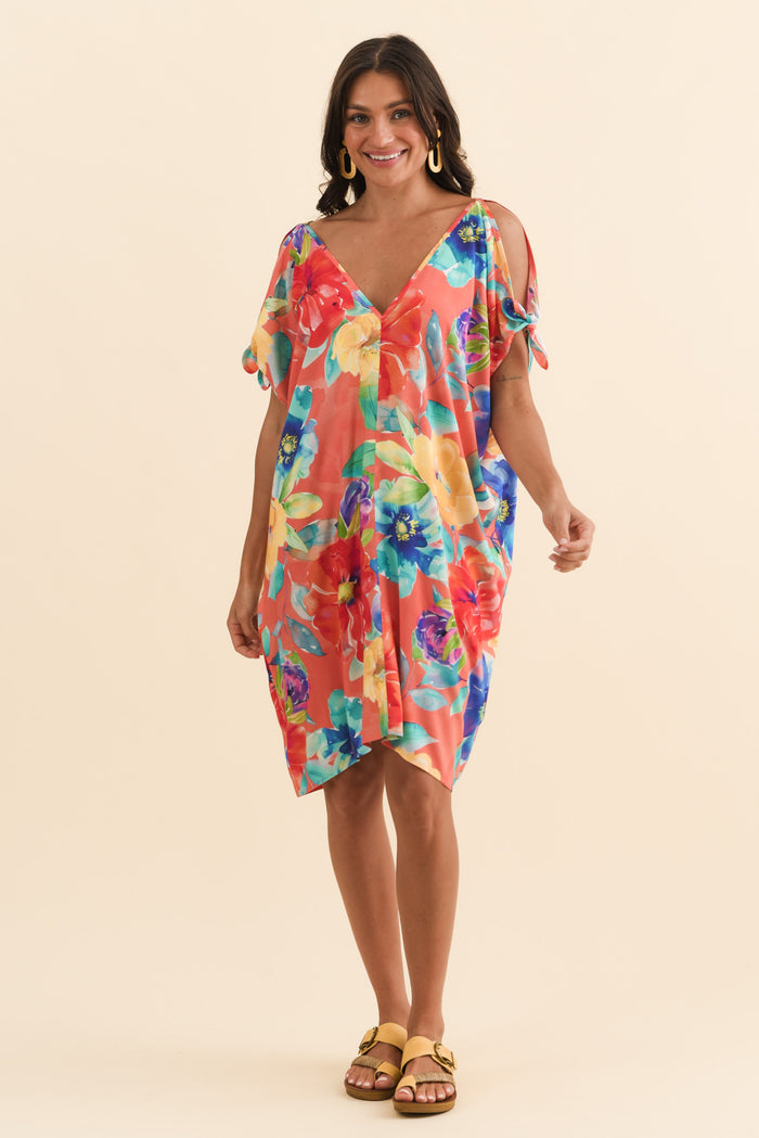 Candice Coral Bloom Cold Shoulder Kaftan,Brunette model,alt text|model:Brontie