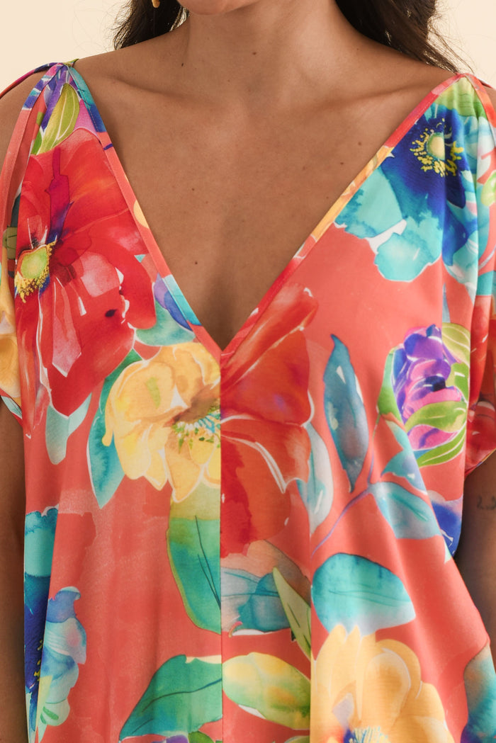 Candice Coral Bloom Cold Shoulder Kaftan,Brunette model,alt text|model:Brontie