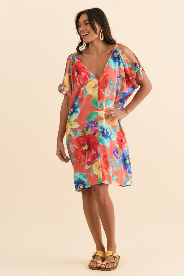 Candice Coral Bloom Cold Shoulder Kaftan,Brunette model,alt text|model:Brontie