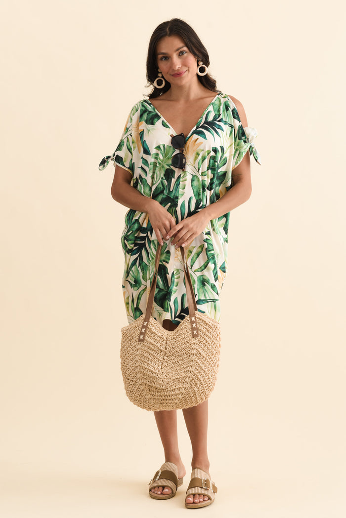 Candice Green Leaf Cold Shoulder Kaftan,Brunette model,alt text|model:Brontie