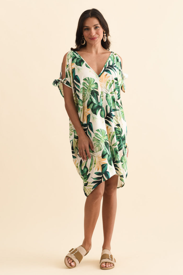 Candice Green Leaf Cold Shoulder Kaftan,Brunette model,alt text|model:Brontie