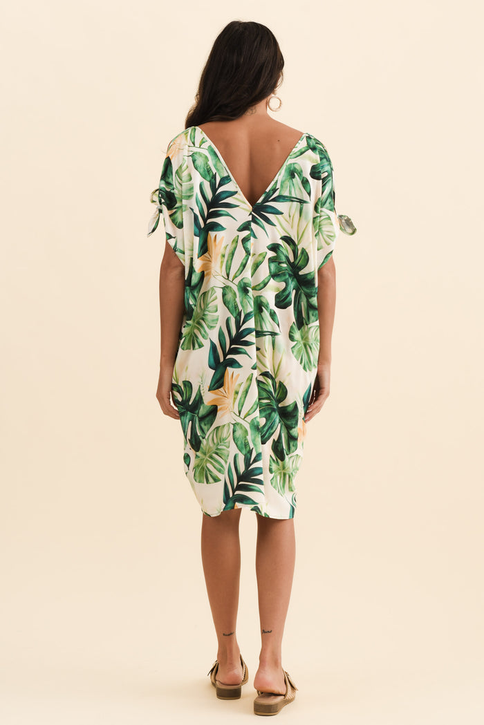 Candice Green Leaf Cold Shoulder Kaftan,Brunette model,alt text|model:Brontie