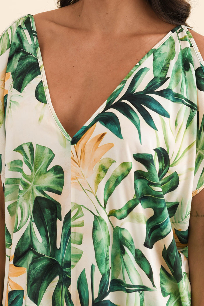 Candice Green Leaf Cold Shoulder Kaftan,Brunette model,alt text|model:Brontie